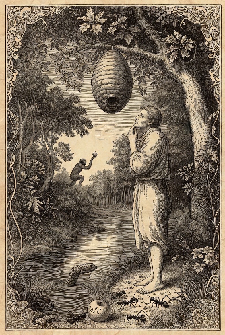 Augmented Ape Rewrites – The First Graft – Renaissance engraving of robed ape holding human mask and bitten apple, serpent watching
